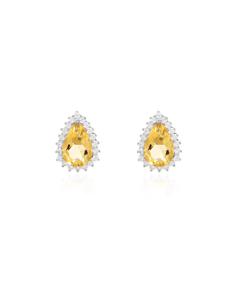 Par de brincos tipo stud em prata 925 com citrino em gota de 7 mm e halo cravejado de pedras claras