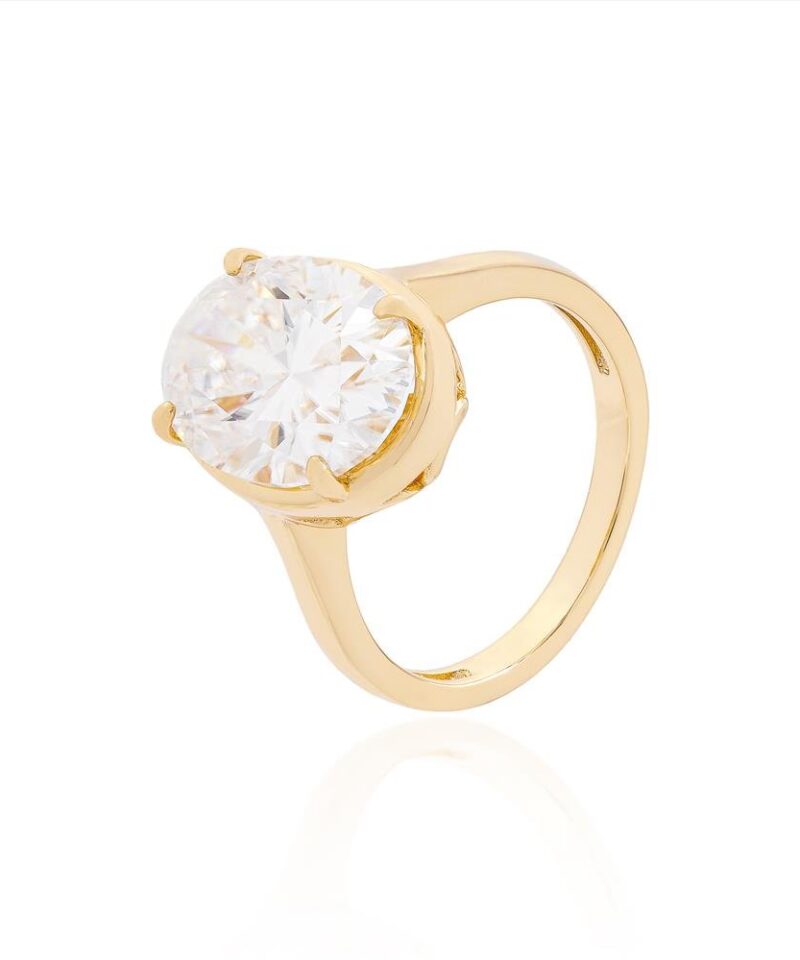 Aliança Solitário Moissanite Oval em Prata 925 Banhada a Ouro 18k