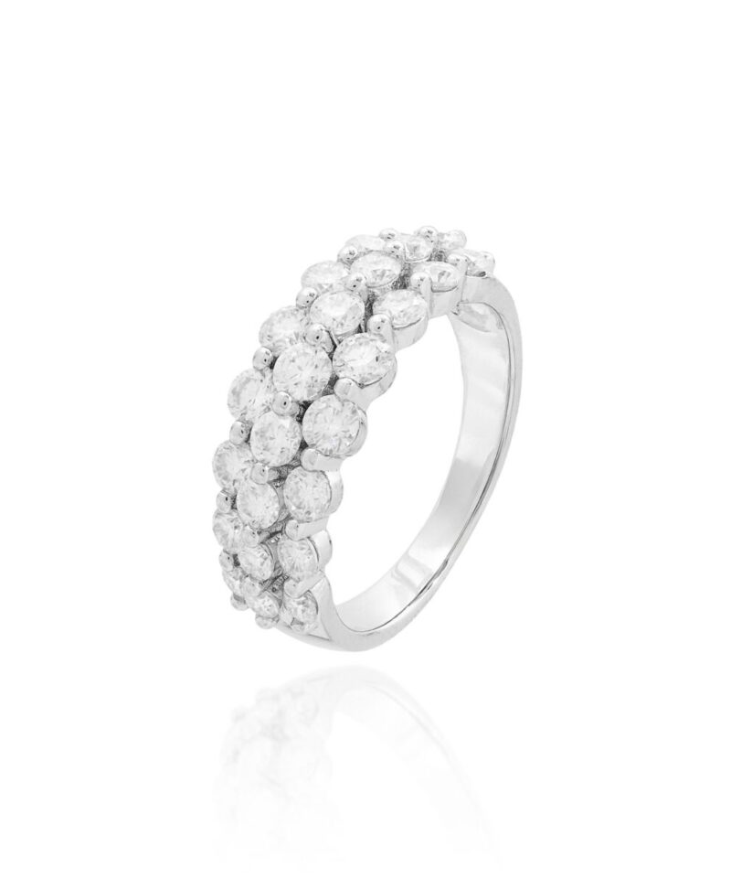 Anel Três Fileiras Cravejado Moissanite 3 mm em Prata 925 com Ródio