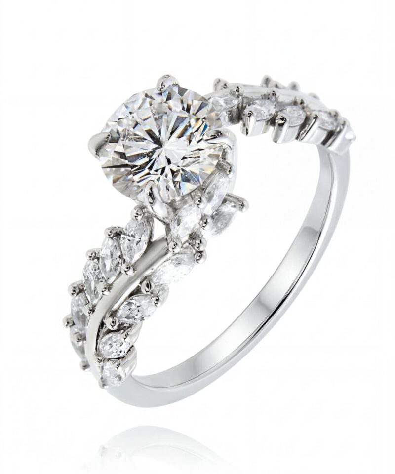 Anel Solitário Roses Moissanite 7 mm com Aro Cravejado Floral