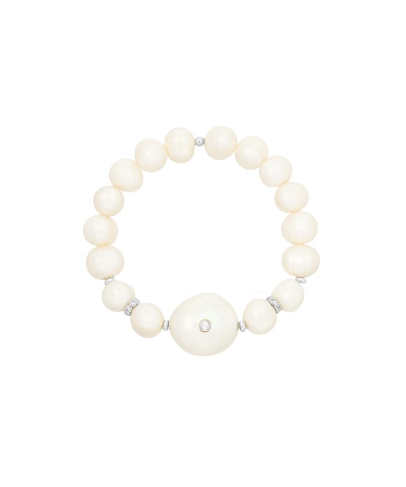 Pulseira de pérolas naturais de água doce com pérola central e entremeios cravejados em composição clássica, vista em fundo branco