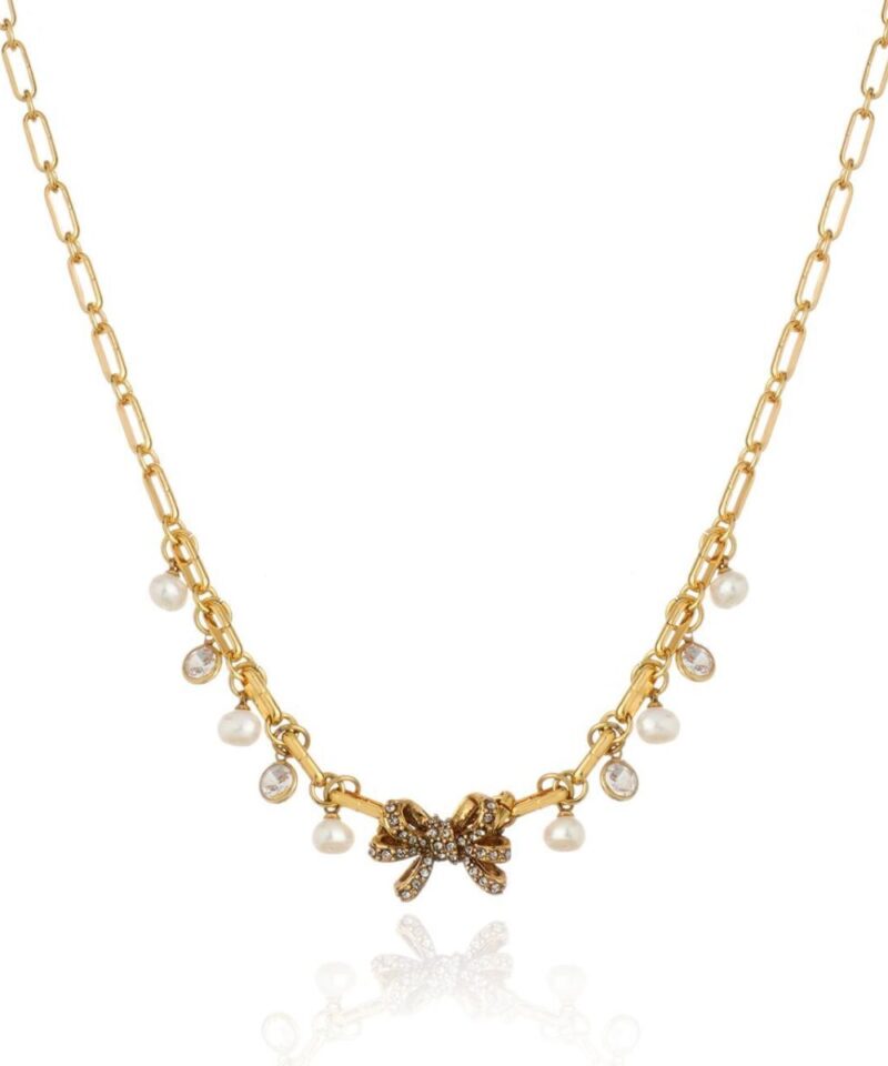 Colar Laço Pendente com Cristais e Pérolas em Banho Ouro Vintage | Claudia Arbex