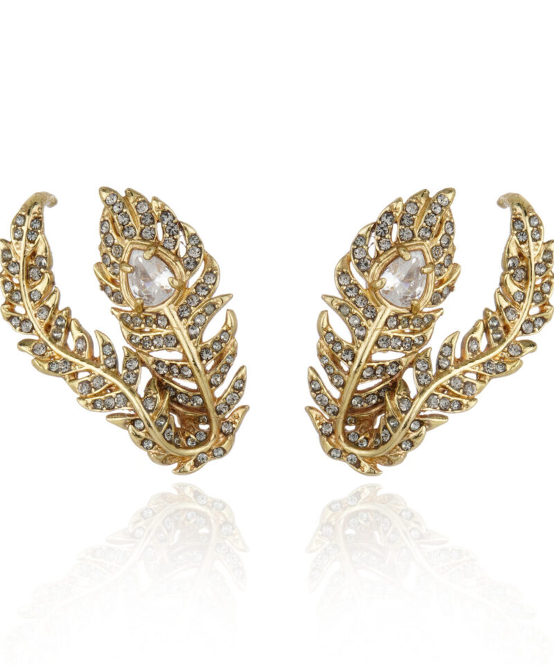 Brinco Pavão com Cristais Transparentes em Banho Ouro Vintage | Claudia Arbex