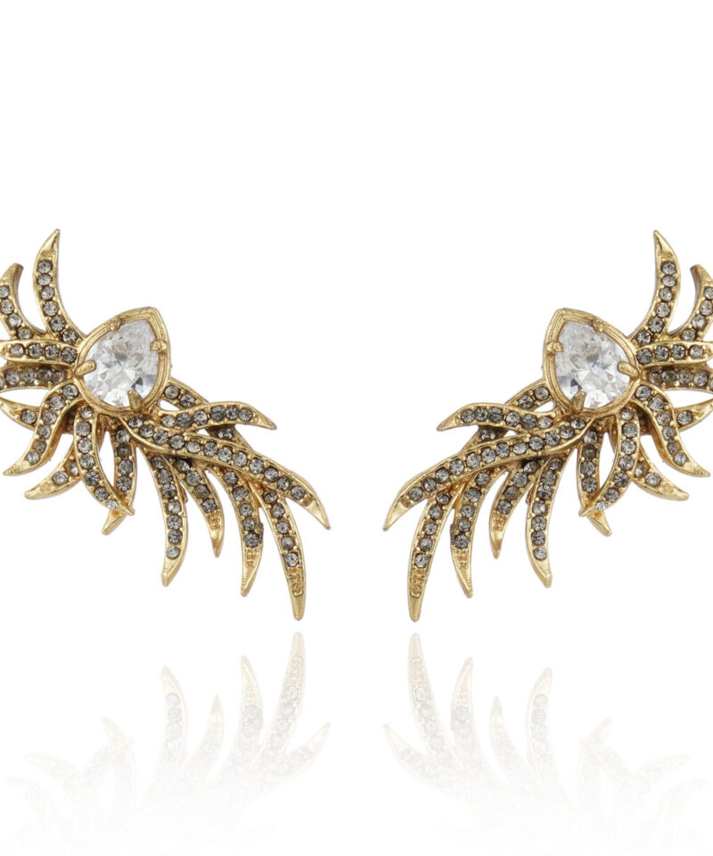 Brinco Pavão com Cristais Transparentes em Banho Ouro Vintage | Claudia Arbex