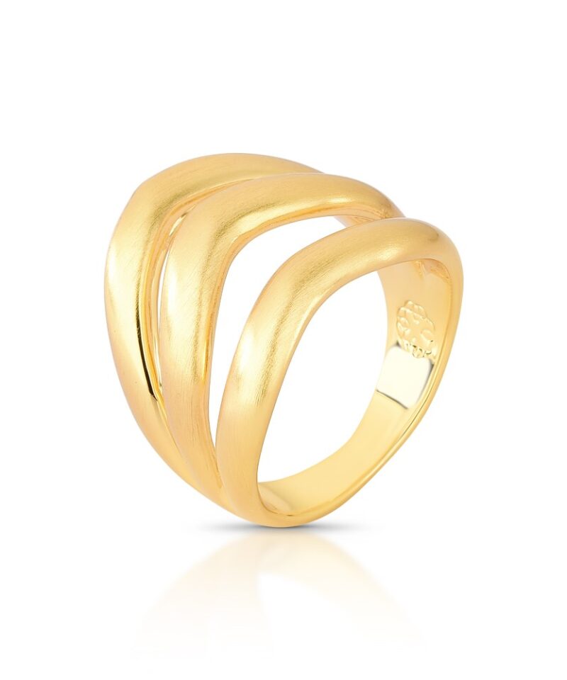 Anel Curvea Largo Escultural com Banho Dourado Polido