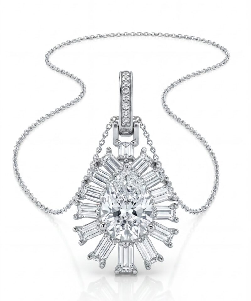 Pingente Gota Moissanite 10 mm com Pedras Baguete e Certificado GRA
