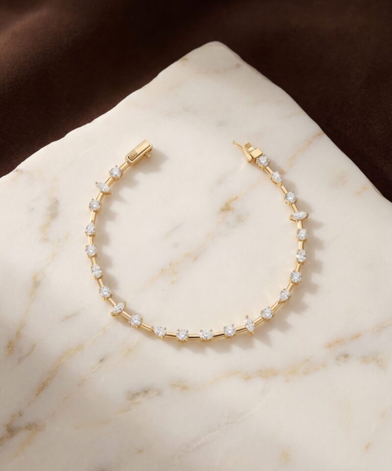Pulseira Fio Faca Dourada Cravejada Moissanite 3 mm 4,90 ct