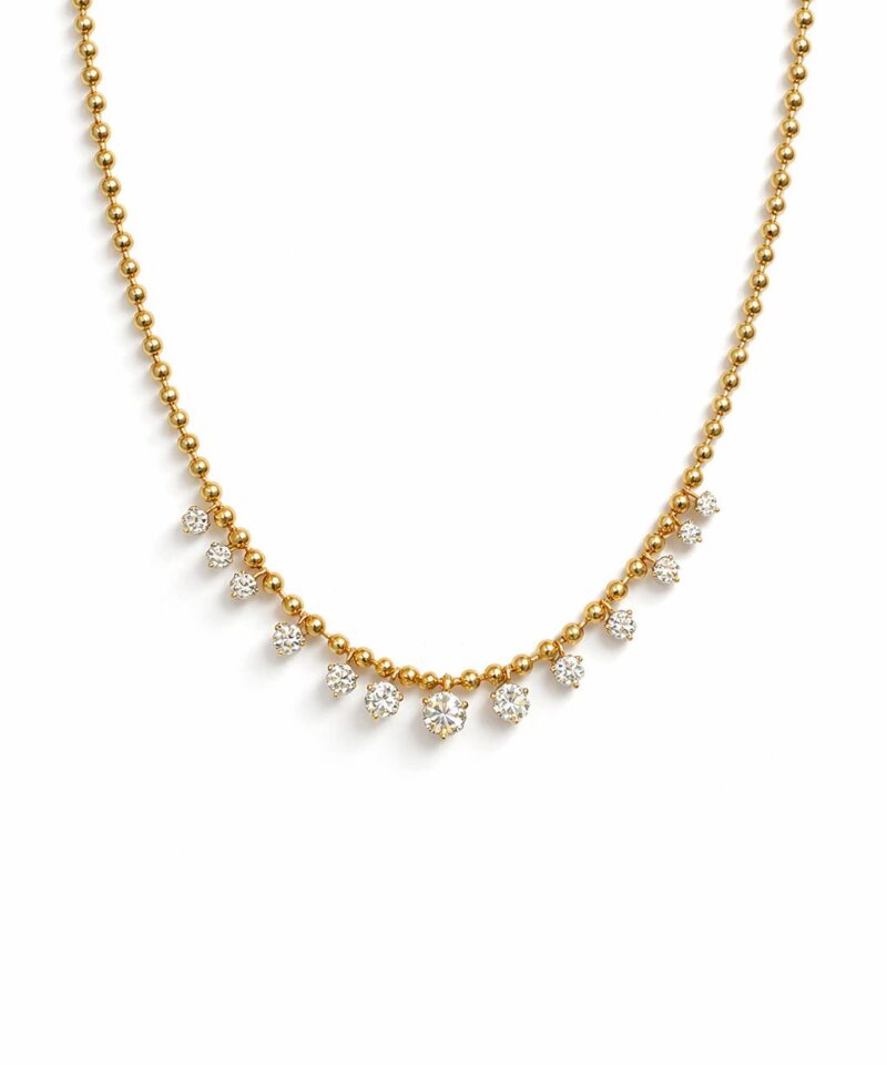 Colar Corrente de Bolinhas 42 cm com Moissanite em Prata Banhada a Ouro 18k