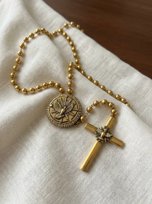 Alternative view of Colar Terço Divino Espírito Santo em Metal Dourado | Monica Di Creddo