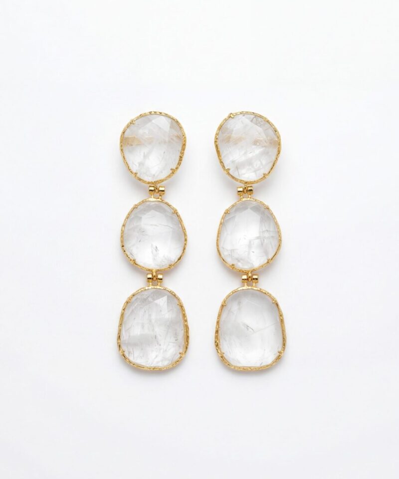Brinco Cristaline Cascata com Três Quartzos Naturais em Ouro 18k