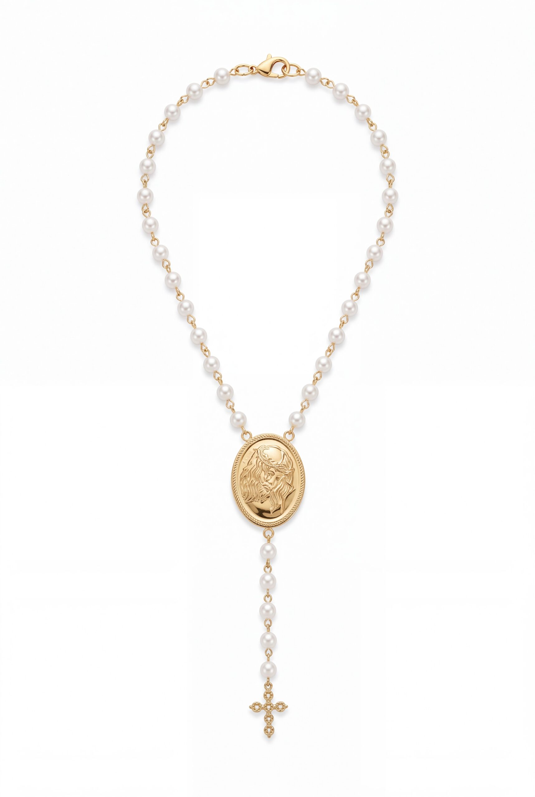 Colar Sainte Perle com Medalhão Pérolas e Crucifixo em Ouro 18k