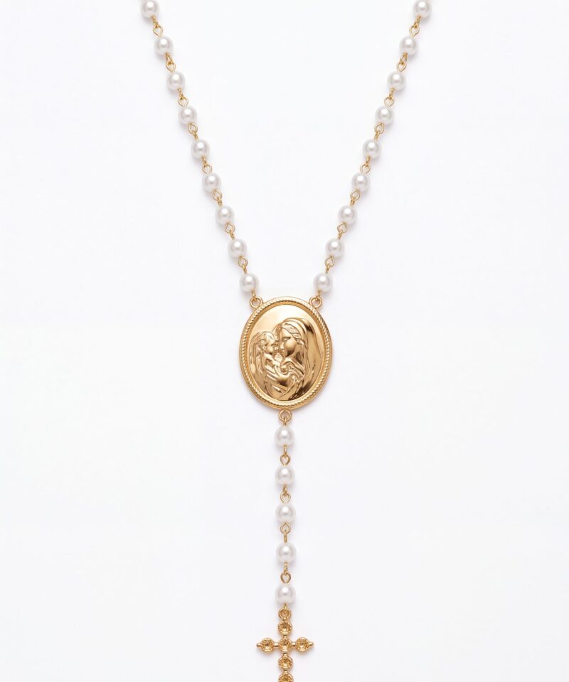 Colar Sainte Perle Mariae com Pérolas e Crucifixo em Banho de Ouro 18k