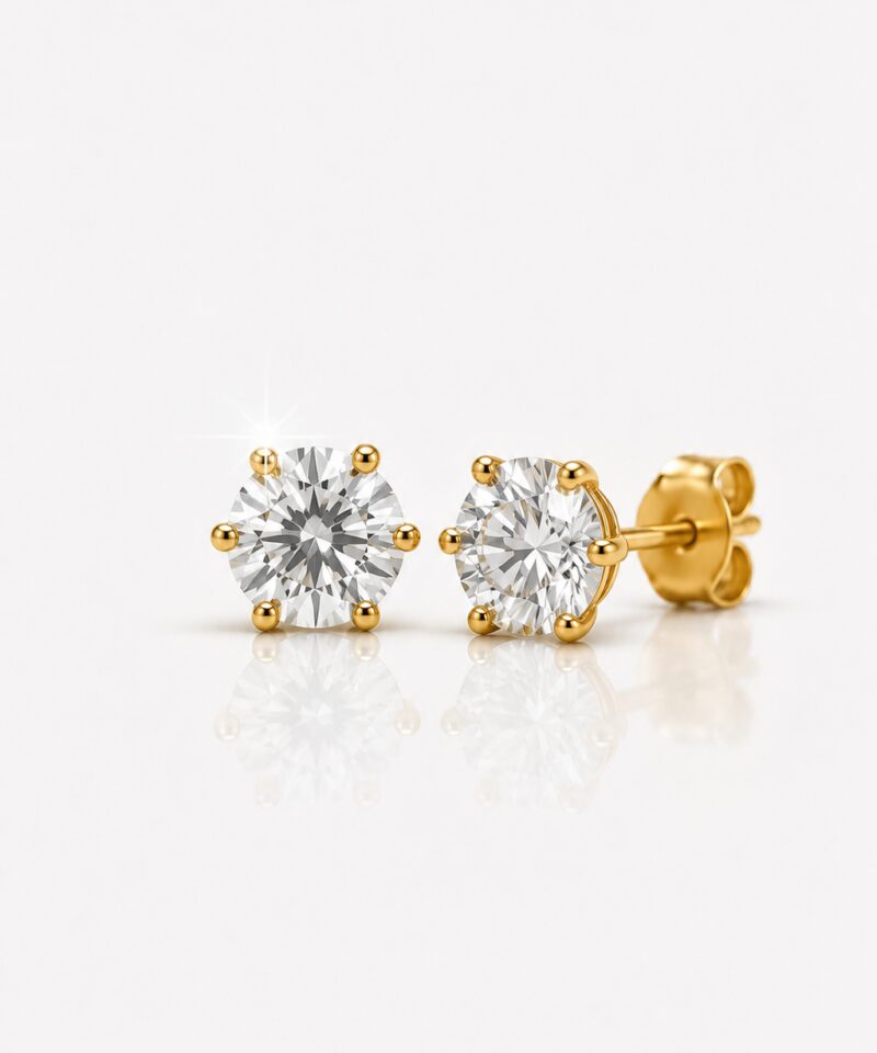 Brinco Solitário Moissanite 6,5 mm em Prata 925 com Banho de Ouro